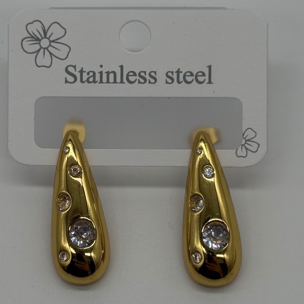 Stainless Steel 14K Gold Plated Teardrop Statement Earrings White Crystal NEW